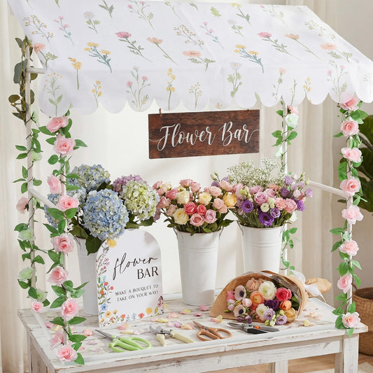 Chunm 7 Pcs Flower Bar Stand Kit Flower Display Bloom Bar with 1 Set Plastic Stand 1 Floral Sunshade Cloth 4 Rose Tinsel 1 Wood Sign for Wedding Shop Floral Party Supplies Garden