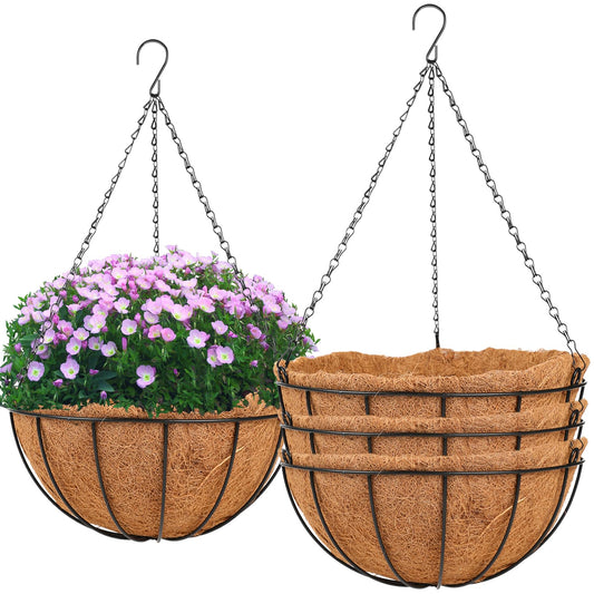 Hanging Basket Planter Plants Outdoor - 4 Pack 14 Inch Metal Hanging Planter with Coco Liners, Chain Hook Hanging Flower Pots for Indoor Outdoor Garden Porch Decoration