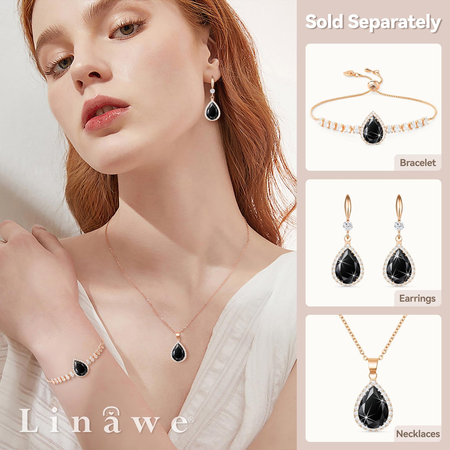 Linawe Rose Gold Color Black Chandelier Earrings for Women Trendy, Imitation Diamond Drop Dangle Rhinestone Cubic Zirconia Dangly Earrings, Teardrop Fake Crystal Birthstone Earrings Dangling