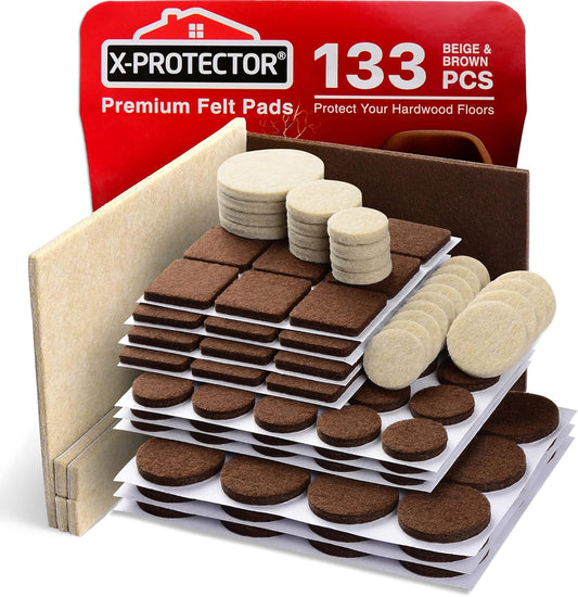 X-PROTECTOR Felt Furniture Pads - Premium 133 PCS Set for Wood Floor Protection | Brown & Beige
