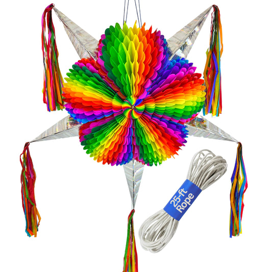 Mexican Pinata – Jumbo 33” Rainbow Piñata with 25-ft Rope Included – Easter Piñata, Pride Pinata, Holds 5 lbs of Candy – TexMex Fun Stuff