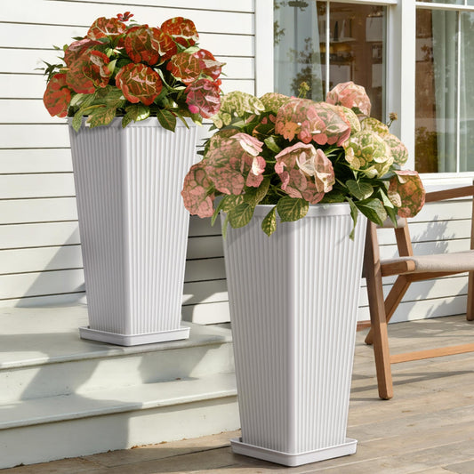 Trygoal White Square Tall Planters for Outdoor Plants Set of 2-23.6" Modern Tapered Indoor Flower Pots with Drainage Holes/Partition/Tray, Large Outdoor Planters for Porch Patio Garden Front Porch