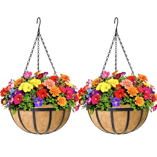 2 Pack 12 inch Metal Hanging Planters Basket Set Round Wire Plant Holder with Coco Fiber Liners Chain Indoor Outdoor Hanging Baskets for Garden Balcony Patio Deck Porch Vegetables Flower Plants