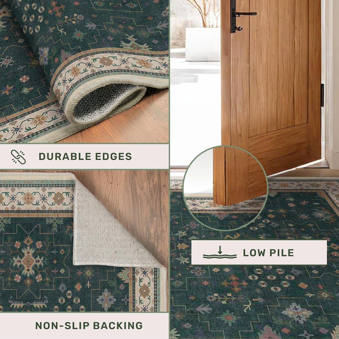 Regine Switzerland Dark Green Washable Kitchen Runner Rug - Non-Slip Rubber Backing | 2'6"x8' Stain Resistant