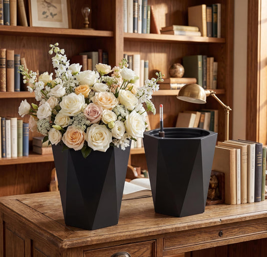 16" Black Tall Planters Outdoor Set of 2, Large Black Flower Pots Outdoor with Drainage Holes & Automatic Watering System, Modern Large Resin Planters for Outdoor Plants, Front Porch, Deck, Diamond