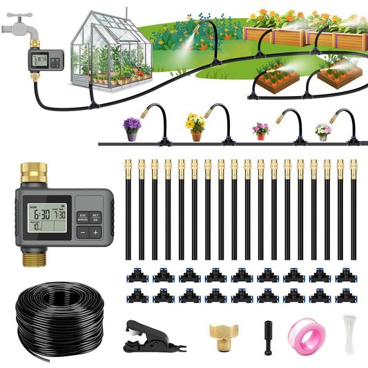 HEKIWAY 60Ft Drip Irrigation System with Smart Water Timer – Automatic Garden Watering Kit with Solid Brass Metal Connectors, 360° Adjustable Nozzles & Bendable Tubing for Garden, Greenhouse & Lawn