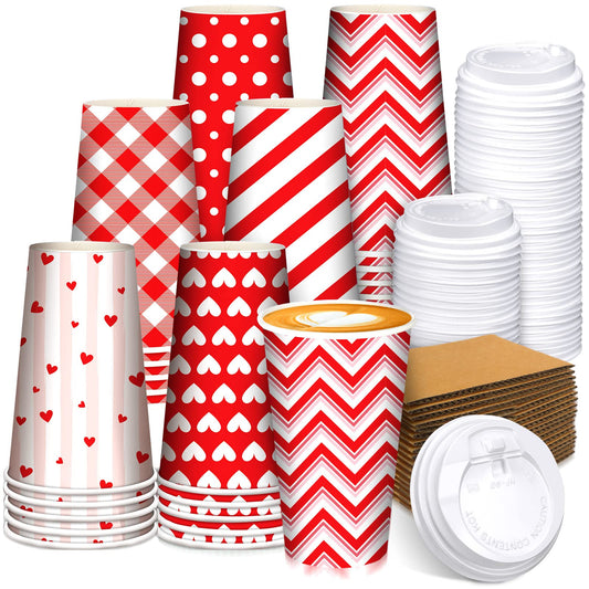 Sosation 180pcs/60 Set Valentine‘s Day Coffee Paper Cups with Lids and Sleeves 16 oz Disposable Hot Cocoa Cups Valentines Pink Paper Beverage Tumbler for Hot Chocolate Coffee Bar Accessories, 6 Styles