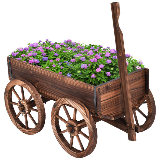 LDAILY Moccha Wooden Wagon, Wood Flower Planter Pot Stand with 4 Wheels for Home Garden Outdoor Indoor