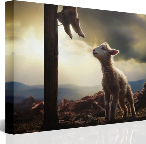 Jesus and Lamb Canvas Wall Art - The Sacrifice of Jesus | Religious Christian Home Decor 8x10 Inch