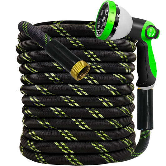 Junredy Garden Hose 25 FT, NON-EXPANDABLE Heavy-Duty Flexible & Lightweight Water Hose with 10-Function Nozzle, No-Kink, Leak-Proof Super Fabric, Solid Fittings for Lawn, Car, Outdoor (Black Green)