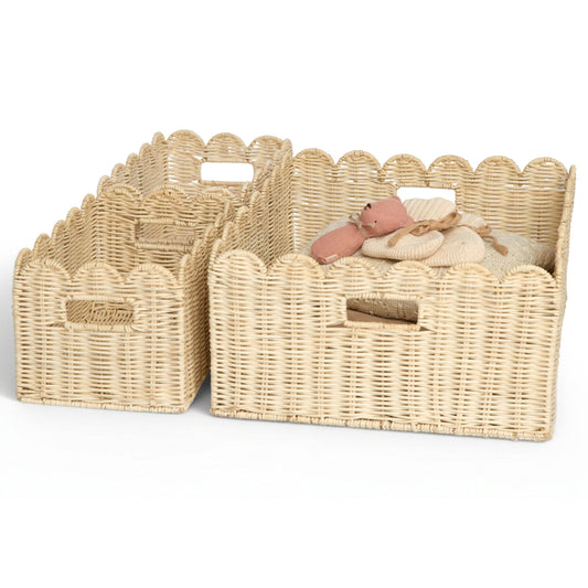 BEBE BASK Handwoven Scalloped Wicker Basket – Rattan Scalloped Basket Set of 3 (17 × 13 × 7 in), Wicker Baskets for Organizing, Wicker Storage Baskets for Shelves, Nursery and Home