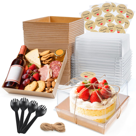NPLUX 20 Pack Small Cake Boxes Charcuterie Boxes Mini Cake Containers With Lids For 4-6-inch Cake Pudding Sandwich Pie Bakery Dessert(Brown 7x7x4 inch)