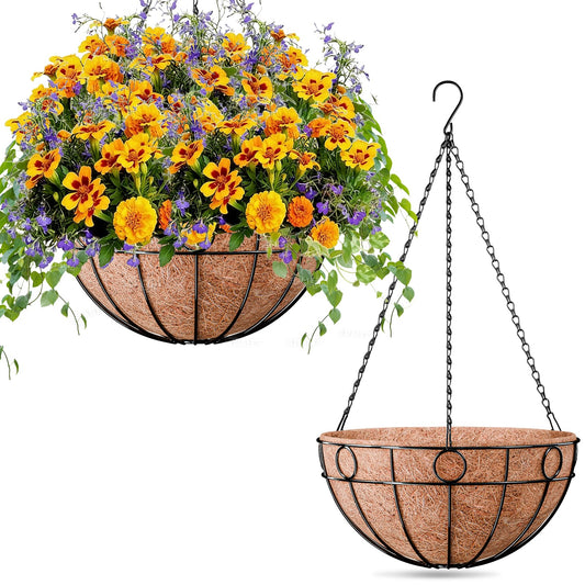 ZeeDix 2 Pack 14 Inch Metal Outdoor Plant Hanging Baskets, Round Wire Planter Basket with Coco Coir Liner, Large Hanging Flower Pots for Outdoor Garden Yard Patio Porch Balcony Decor