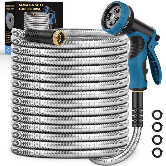 Garden Hose 50FT, Water Hose with 10 Function Nozzle, Garden Hose Metal with Leak-proof Connectors, Kink-Free & Ultra Flexible, Rust/Pet/Puncture Proof for Lawn, Yard, RV, Car Wash, 550PSI