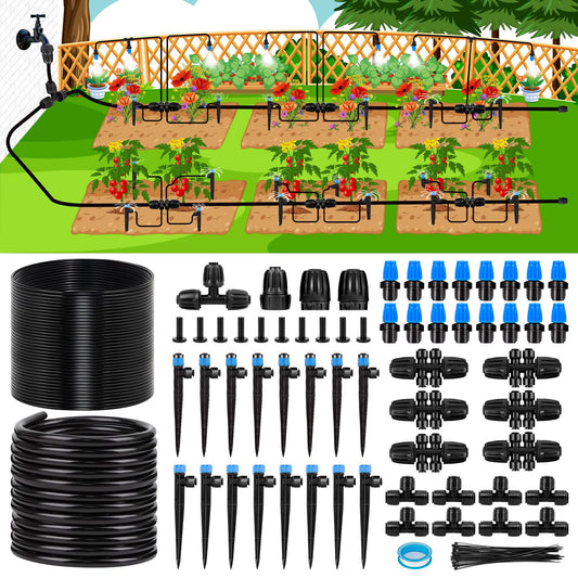 230FT New Quick-Connect Drip Irrigation System Kit, Automatic Garden Watering Misting System for Greenhouse, Yard, Lawn, Plant with 1/2 inch Hose 1/4 inch Distribution Tubing and Accessories