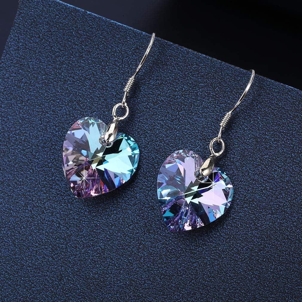 Austrian Crystal Heart Drop Dangle Earrings for Women 925 Sterling Silver Hook Hypoallergenic Earring (Vitrail Light)