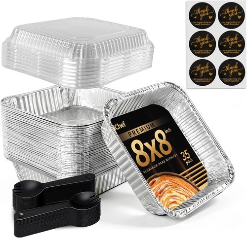 GrillChef 35-Pack Aluminum Foil Baking Cake Pans - Disposable Square Trays with Lids & Spoons