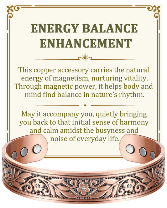 BioMag Magnetic Copper Bracelet for Women Men, 99.99% Pure Copper Cuff Bangle with 6 Pcs 3500 Gauss Magnets, Adjustable Size, Floral Vine Pattern