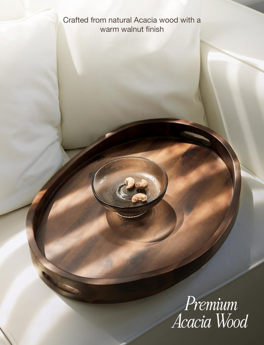 TIDITA Acacia Oval Wooden Serving Tray with Handless - 16.5" x 13" Ottoman Table Oval Wooden Tray - Round Serving Tray - Ottoman Tray for Living Room, Coffee Table Decor, Serving Platter, Walnut color