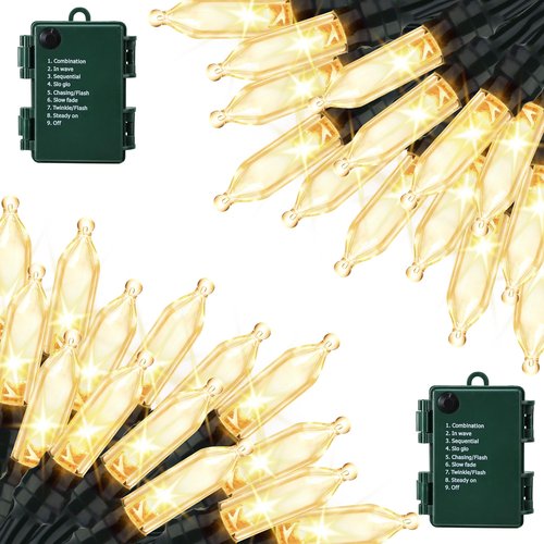 Lomotech Battery Operated Christmas Lights - 2 Pack Total 33ft 100LEDs Mini String Lights 8 Modes Waterproof with Timer for Home, Garden, Party, Holiday, Tree Decoration (Green Wire, Warm White)