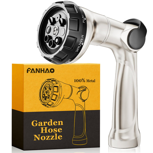 FANHAO Professional Heavy Duty Garden Hose Nozzle, 100% Metal Thumb Control Water Hose Sprayer with 8 Spray Patterns, High Pressure Water Nozzle for Lawn & Plant Watering, Car & Pet Washing