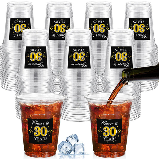 Funnymoom 100 Pack 30th Birthday Cup 12 oz Cheers to 30 Years Happy Birthday Disposable Clear Plastic Cups for Him Men Women Wedding Anniversary Decorations Party Favors