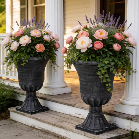 Autodaya 22" Tall Plastic Urn Planters Set of 2, 3D Textured Washed Black Finish Pedestal Plant Pots, Weather-Resistant Large Flower Pots for Front Porch, Patio, Garden & Indoor Use