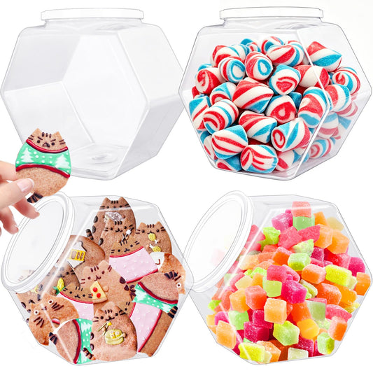Blvochnnt 3 Pack Hexagon Plastic Candy Jars,72oz Clear Cookie Jar with Lid for Dry Food,Snacks,Candies,Cookies,Dog Treats,Laundry Pods,Coffee Pods,Craft Supplies
