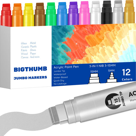 BIGTHUMB Jumbo Poster Markers Set: 12 Colors Large 15mm Wide Tip Permanent Ink Thick Acrylic Paint Pens for Rock Painting, Stone, Glass, Wood, Ceramic, Metal, Plastic, Fabric
