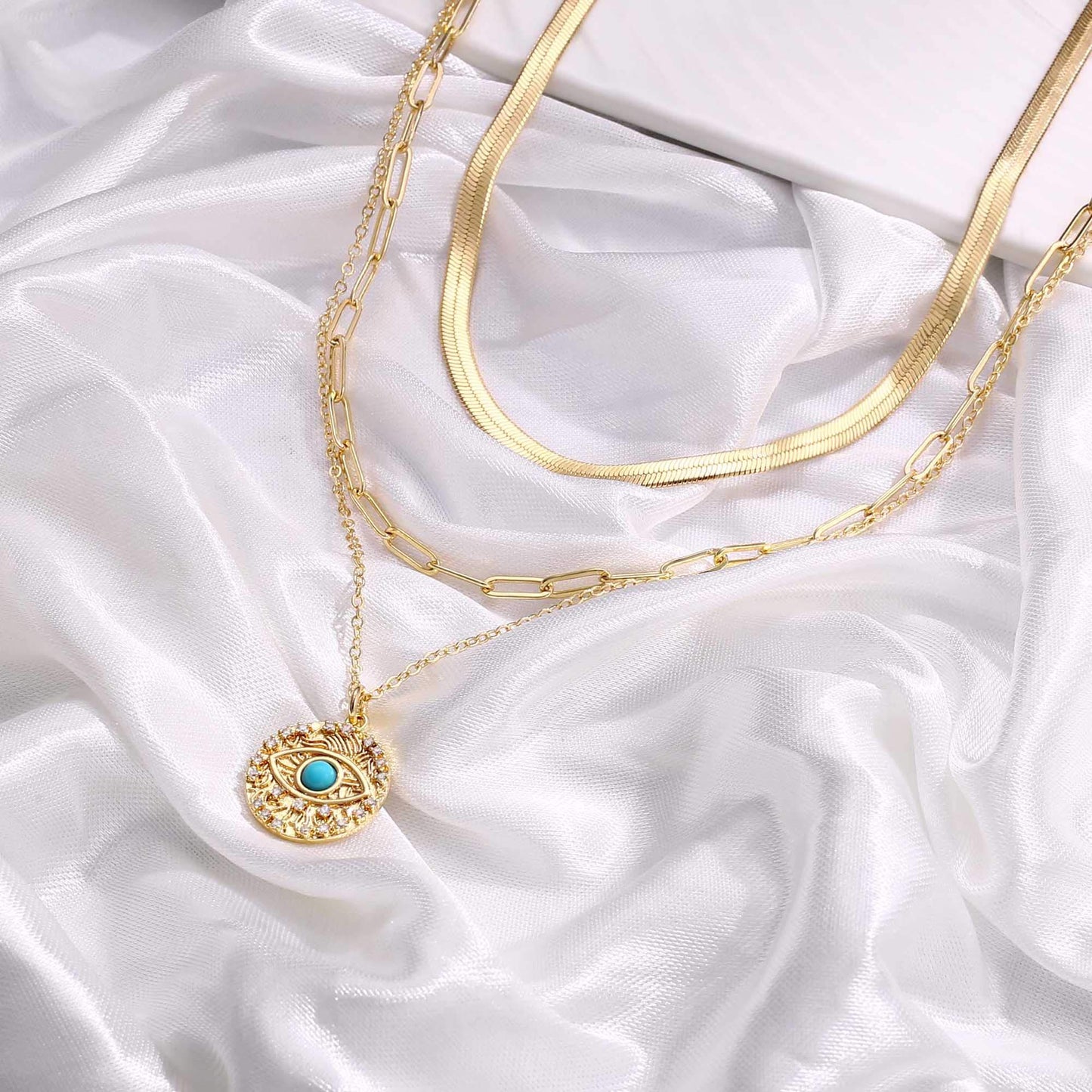 Turandoss Layered Evil Eye Necklace for Women, Layered Snake Evil Eye Necklace Layering Evil Eye Link Chain Necklaces for Women