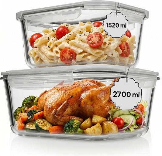 Razab Airtight Large Glass Food Storage Containers - BPA Free, Leak Proof | 4 Pc Set (2700ML & 1520ML)