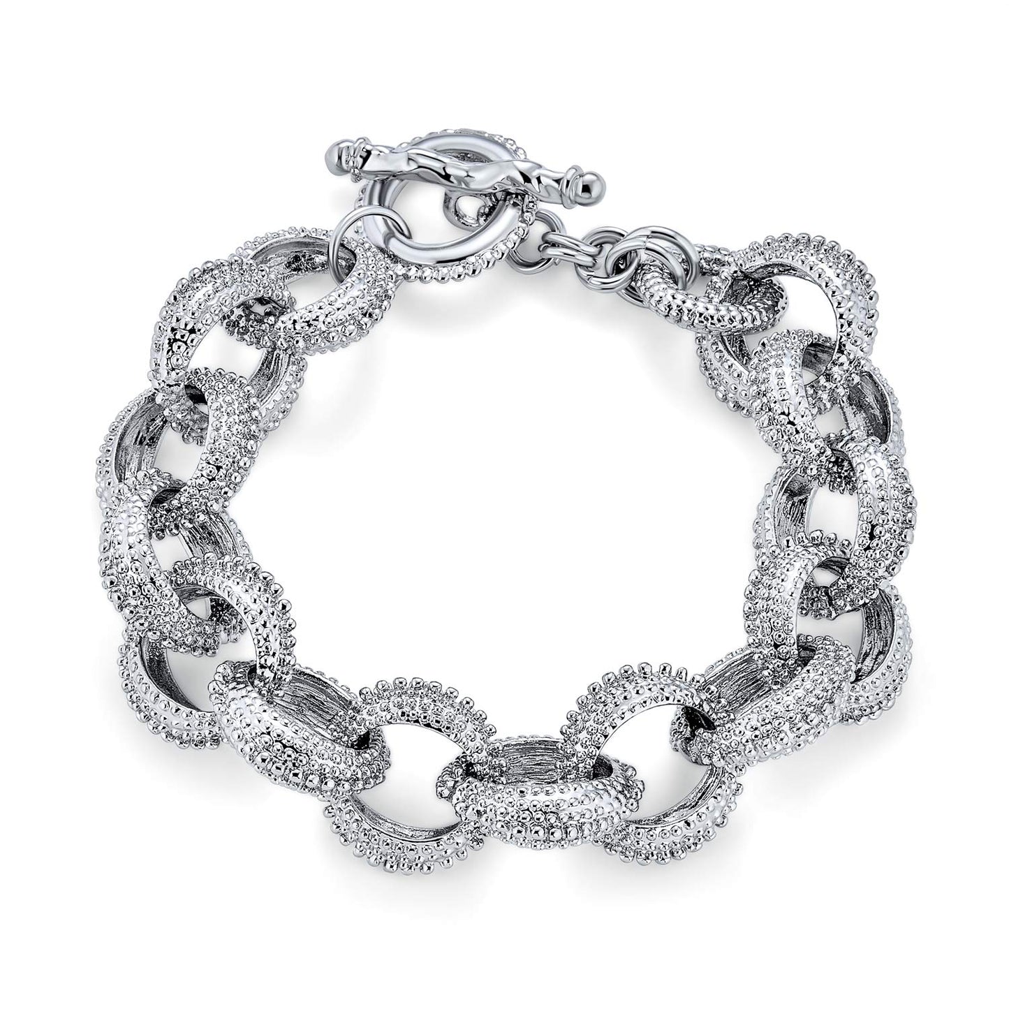 Bling Jewelry Fashion Chunky Oval Link Chain Statement Bracelet Matte Texture Silver Toggle Clasp Closure
