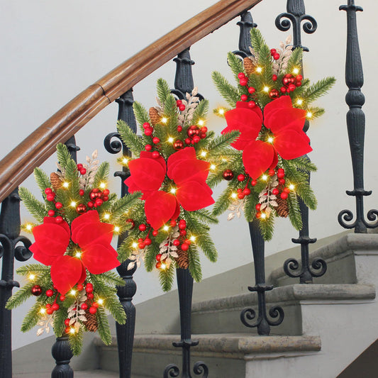 Hotop 3 Pcs Artificial Christmas Swag 17.7" Prelit Teardrop Christmas Swags for Stairs Xmas Garland with Lights for Decorating Outdoor Front Door Window Home(Red)
