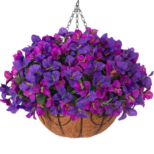 Artificial Hanging Flowers Plant with Basket for Outdoors Spring Decor, Fake Hanging Plants Faux Bougainvillea in Planter Look Real UV Resistant Silk Flowers for Outside Porch Patio Garden Home, Mix