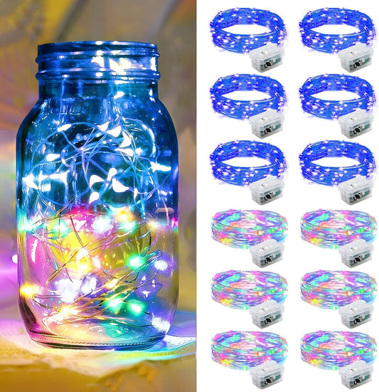 Skiennix 12 Pack Fairy Lights - 7Ft 20 LED Twinkle String Lights | Waterproof & Battery Operated for Parties, Weddings, Christmas & More - Rainbow & Blue
