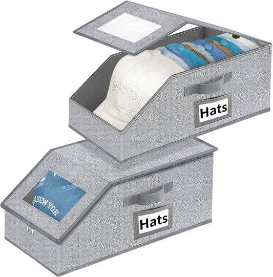 Aokeyee Hat Organizer - 2PCS Stackable Storage with Clear Window Lid | Space-Saving Grey Hat Box