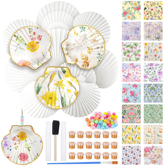 16 Set Scallop Shells for Crafts 4''-5'' White Natural Shells with Holes DIY Ornament Seashells Included 32 Pcs Decoupage Paper Napkin Acrylic Paint Strips Colored Beads and Brushes for Home Decor