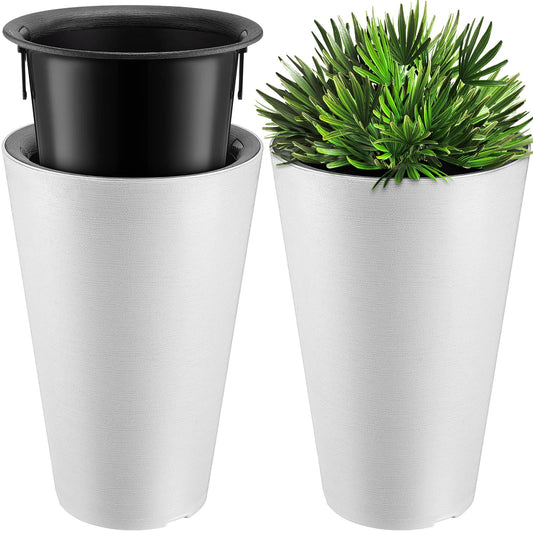 Sieral Set of 2 Tall Outdoor Planters 12 x 18 Inch Large Resin Outdoor Planters for Front Porch Flower Round Floor Decorative Indoor Pots with Drainage(White)