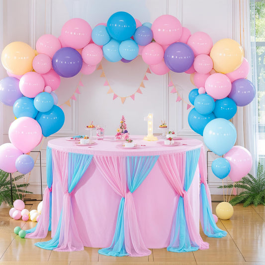 Besutolife Blue Pink Tablecloth for Round Tables 6ft Tulle Table Skirt for Baby Shower Birthday Party Dining Table Buffet Parties Camping