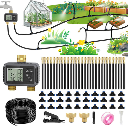 120FT Drip Irrigation System with Smart Water Timer – Automatic Garden Watering Kit with Dual Metal Tube Brass Connectors, 360° Adjustable Nozzles & Bendable Tubing for Garden, Greenhouse & Lawn