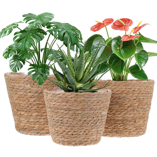 mekueeex 3 PCS Plant Baskets Indoor with Plastic Liner, Water Hyacinth Woven Planters Flower Basket, Planter Basket for Rustic Boho Home Farmhouse Floor Potted Pots Decor