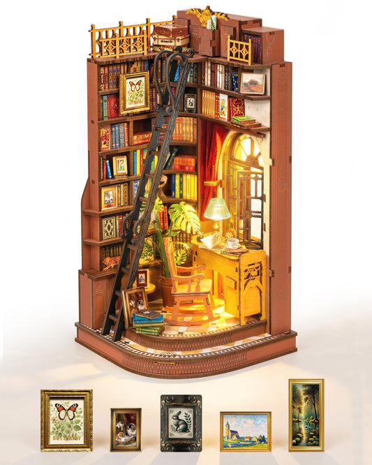 ROBOTIME DIY Miniature Dollhouse Kit, Mini House Book Nook Kits Bookshelf Decor, Vintage Library Booknook with Led Light, 3D Wooden Puzzle Mother Gifts for Adults Book Lovers (Silent Corner Study)