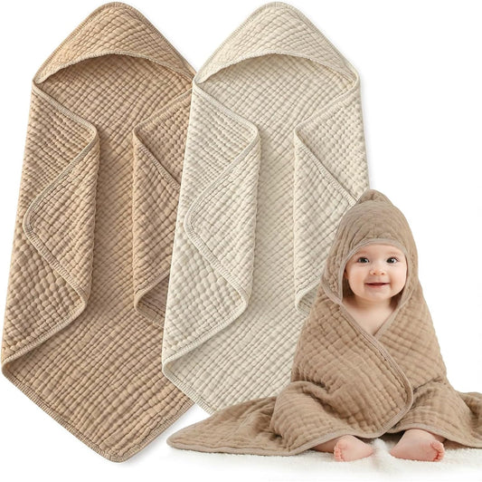 Skiennix Hooded Baby Bath Towels - 100% Muslin Cotton, Soft & Absorbent, 2 Pack, 32x32 Inch