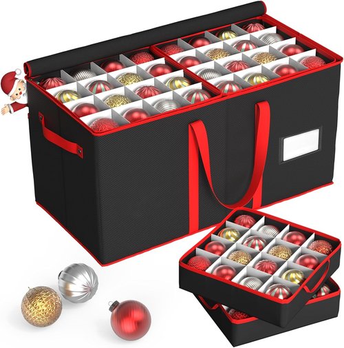 Kesfitt Christmas Ornament Storage Box - Large Organizer with 8 Trays & Dividers for 128 Ornaments | Black