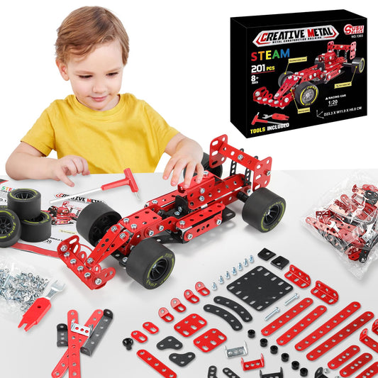 BESTYMXY Building Kit Car Model, 1:20 Scale Race Car Metal Model STEM Project Building, Assembly Toy Set STEM Projects Toys for Boys 8-12, Red Vehicle DIY Assembly Metal Model
