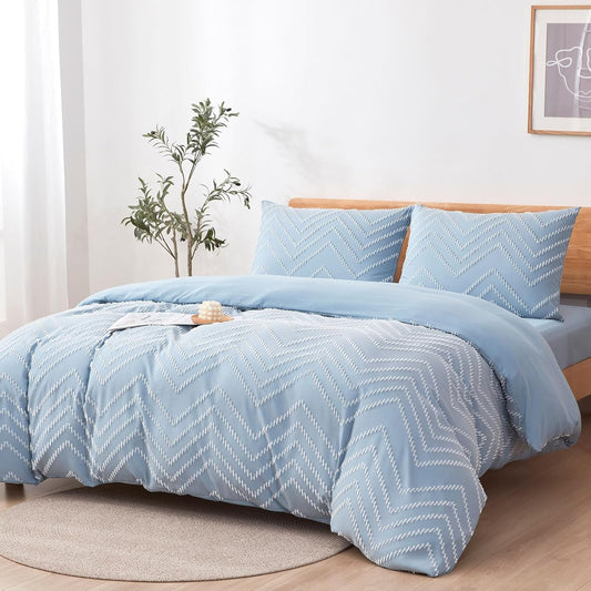 Tametra Boho Duvet Cover - Ultra Soft Tufted Queen Size Bedding | Textured Shabby Chic Design (90" x 90", Blue)