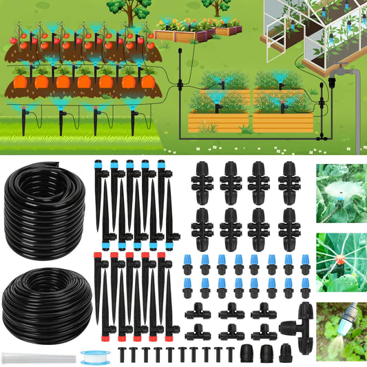 Drip Irrigation Kit – 2026 New Quick-Connect Micro Irrigation System with 46FT 1/2'' Tubing, Locking Nozzle Emitters, Adjustable Misting Sprayers for Gardens, Lawns, Raised Beds and Greenhouses