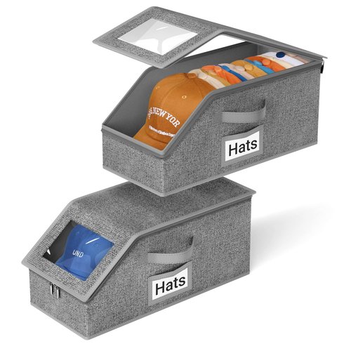 AOODA 2 PCS Stackable Hat Storage for Baseball Caps, Holds up to 24 Caps Cap Organizer for Closet, Sturdy Hat Boxes for Men with Cardboard, Slate Grey