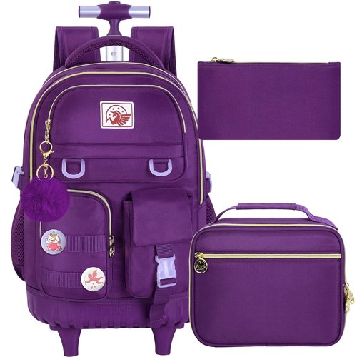 CCJPX 3PCS Rolling Backpack for Girls, Women Roller Bookbag with Lunch Box for Adults, Water Resistant Wheeled School Bag for Teens Kids Travel - Dark Purple
