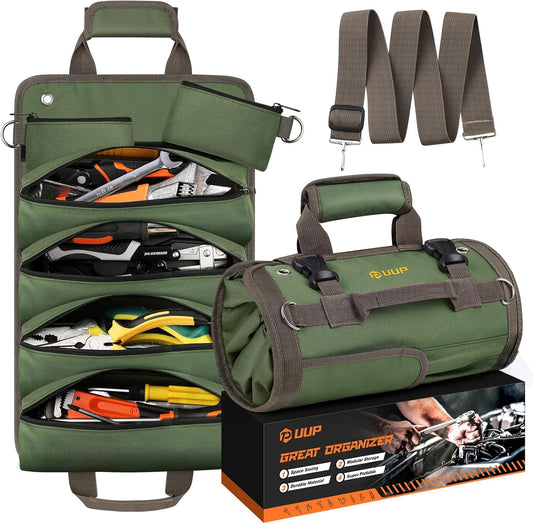 UUP Heavy Duty Tool Bag Roll Up - Portable Foldable Organizer with Pockets | Green, Perfect for Mechanics & Gifts for Dad